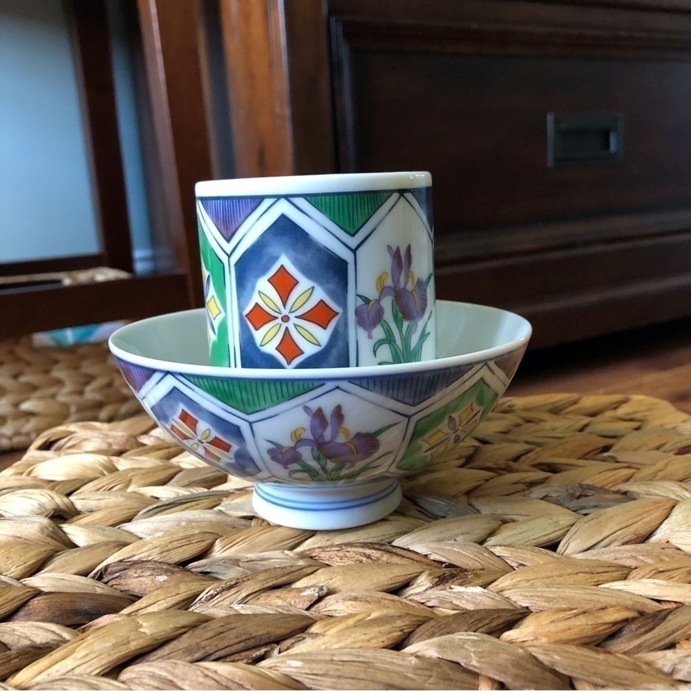 Japanese Floral ceramic drink and noodle bowl set